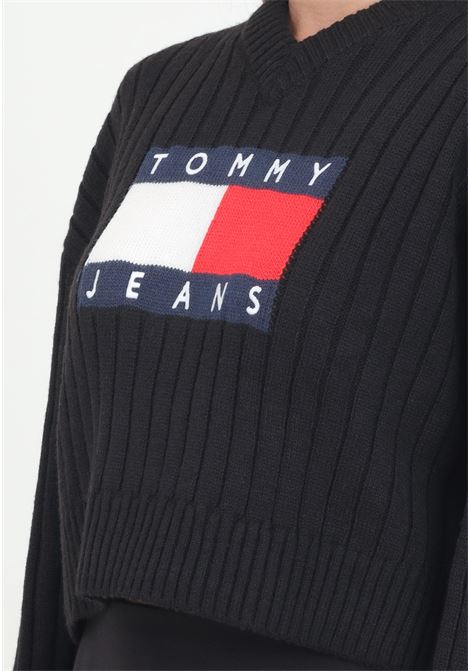 Black V-neck sweater for women with maxi flag and logo embroidery TOMMY JEANS | DW0DW18528BDSBDS